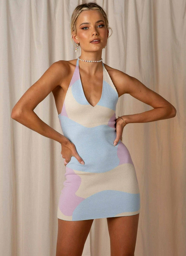 Pepper Mayo NEW IN Wind It Back Knit Halter Dress - Pastel Wave 1 Pepper Mayo NEW IN Wind It Back Knit Halter Dress - Pastel Wave