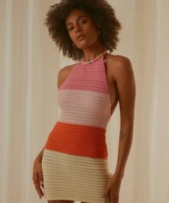 Pepper Mayo NEW IN Last Sunset Hour Crochet Mini Dress - Pink Orange Splice