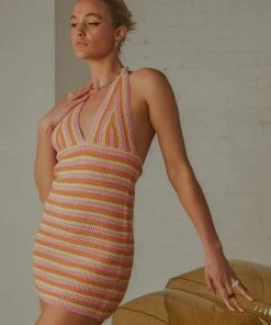 Pepper Mayo NEW IN Good Life Crochet Halter Dress - Pink Orange