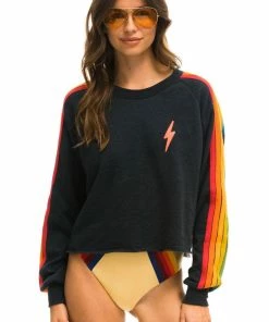 Aviator Nation NEW IN BOLT EMBROIDERY CLASSIC CROPPED CREW SWEATSHIRT - CHARCOAL // SERAPE RAINBOW
