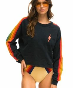 Aviator Nation NEW IN BOLT EMBROIDERY CLASSIC CROPPED CREW SWEATSHIRT - CHARCOAL // SERAPE RAINBOW