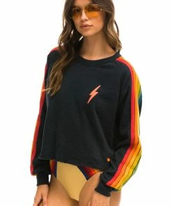 Aviator Nation NEW IN BOLT EMBROIDERY CLASSIC CROPPED CREW SWEATSHIRT - CHARCOAL // SERAPE RAINBOW