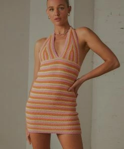 Pepper Mayo NEW IN Good Life Crochet Halter Dress - Pink Orange