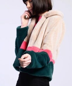 UK Glamorous Cream & Green Faux Fur Jacket Clothing