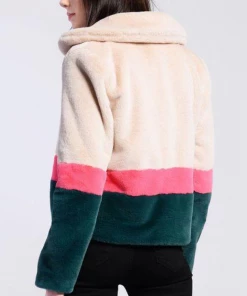 UK Glamorous Cream & Green Faux Fur Jacket Clothing