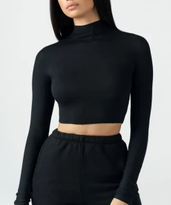 Joah Brown Cropped Mock Neck Long Sleeve NEW IN