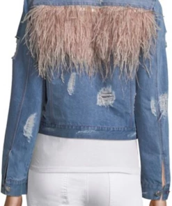 Jocelyn Fur Clothing Feather Panel Distressed Denim Jacket