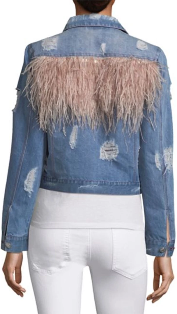Jocelyn Fur Clothing Feather Panel Distressed Denim Jacket 2 Jocelyn Fur Clothing Feather Panel Distressed Denim Jacket