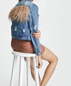 Jocelyn Fur Clothing Feather Panel Distressed Denim Jacket