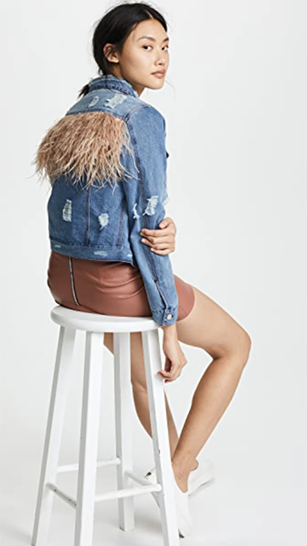 Jocelyn Fur Clothing Feather Panel Distressed Denim Jacket 1 Jocelyn Fur Clothing Feather Panel Distressed Denim Jacket