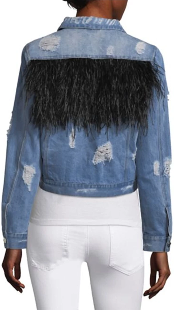 Jocelyn Fur Clothing Feather Panel Distressed Denim Jacket 3 Jocelyn Fur Clothing Feather Panel Distressed Denim Jacket